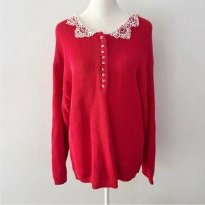Vintage Women Lace Collar Oversize Sweater Small Cottagecore Granny Twee Romance